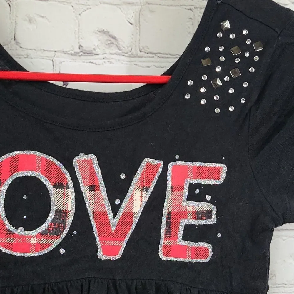 Justice Girls LOVE Plaid Glitter Rhinestone Stud Tunic Tee Black Size 10 Medium